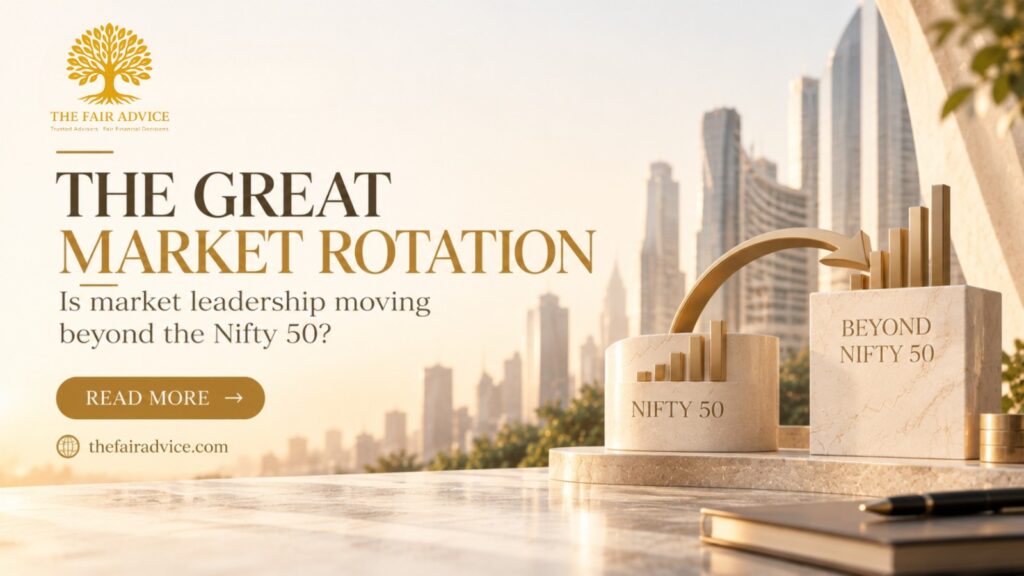 The Great Market Rotation – Market leadership moving beyond the Nifty 50, featuring a comparison of Nifty 50 and broader market growth by The Fair Advice.