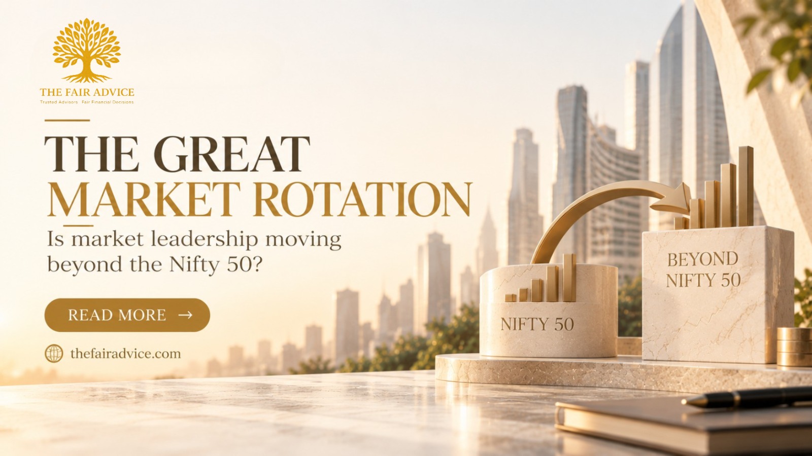 The Great Market Rotation – Market leadership moving beyond the Nifty 50, featuring a comparison of Nifty 50 and broader market growth by The Fair Advice.