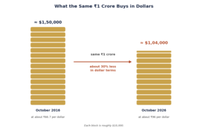 The same ₹1 crore buys about 30% fewer dollars in October 2026 than in October 2016